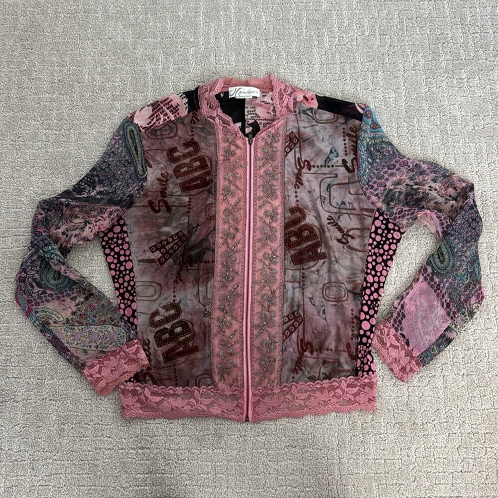 Vintage Beaded Lace Floral Zipper Jacket embellished beaded sheer pink polka dot